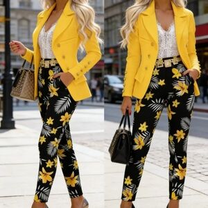 Yellow Blazer with Black Floral Straight-Leg Pants - Women's Two-Piece Set